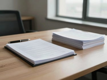 Wide shot of an organized office desk from a low angle — a closed manila folder with a typed label, a pen set parallel to the edge, and a stack of documents aligned precisely, bathed in diffuse natural light from a tall window off-frame right, neutral tones, no clutter