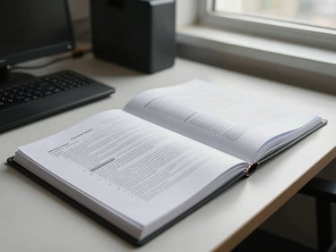 Wide environmental shot of an organized office workspace, a binder of compliance documents open on the desk, pages with regulatory text visible, natural daylight from a side window, no people, quiet methodical atmosphere