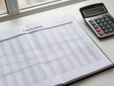 Overhead shot of a tax planning spreadsheet open on a desk, columns of figures with handwritten margin notes, a calculator beside the paper, daylight from an office window creating a clean even tone across the surface