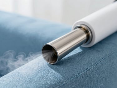 Macro shot of steam extraction nozzle cleaning a textured blue sofa, bright daylight