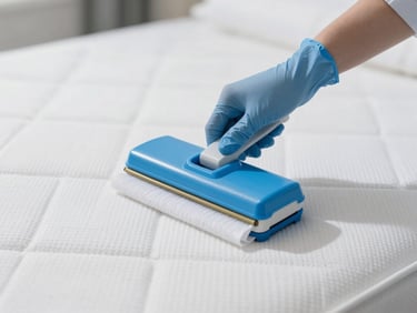 Close-up of professional cleaning equipment sanitizing a clean white mattress, natural light