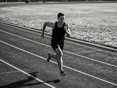 Cadet sprinting on a modern running track, intense facial expression, sharp morning light, high contrast desaturated tones