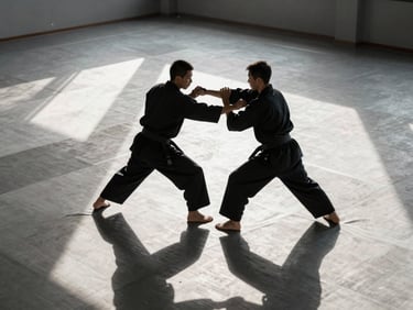 Two cadets practicing hand-to-hand combat in a clean modern dojo, dramatic shadows, focused action shot