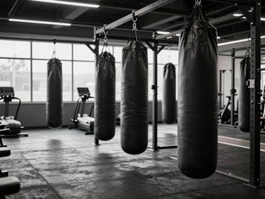 Interior of a high-tech military gym with heavy punching bags and strength training equipment, moody lighting, crisp focus