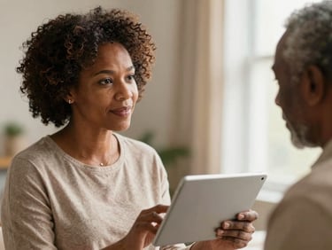 African American woman speaking with an elderly Black man, both looking at a tablet, warm natural light, shallow depth of field