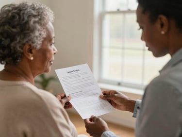 Elderly African American woman reviewing a simple brochure with a kind, professional African American advocate, warm natural light, shallow depth of field