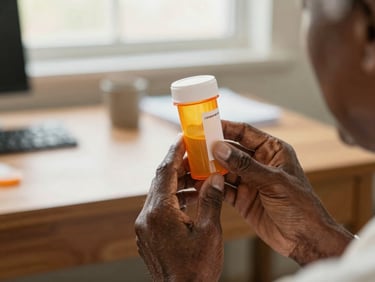 Close-up of an elderly African American hand holding a prescription bottle, with a blurred background of a desk, warm natural light, shallow depth of field