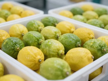 Close-up of fresh green and yellow lemons in a clean modern packing facility, natural daylight, sharp focus.