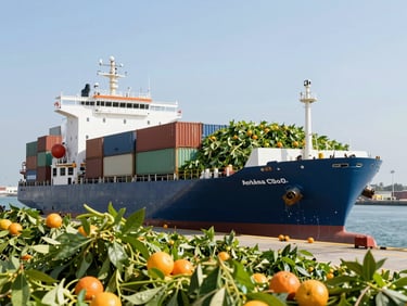 A large container ship loading fresh agricultural cargo at the Alexandria port under bright daylight, clean modern logistics, high-key commercial photography.