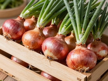 Fresh export-grade red onions packed in a structured wooden crate, crisp shadows, natural light.