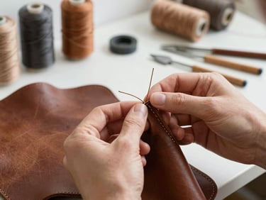 Detail of hands carefully stitching thick brown leather with heavy thread in a bright, organized workshop, tools arranged neatly in background.