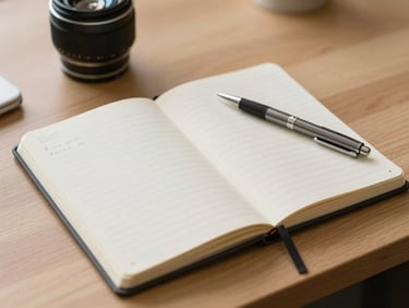 An open notebook with clean handwritten budget lines and a metal pen on a light oak desk, soft daylight, minimal and focused workspace.