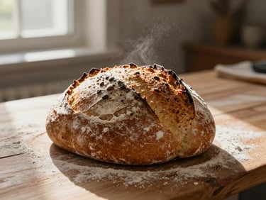 Close-up of freshly baked sourdough bread on a rustic wooden counter, warm morning light streaming through a window, flour dusting the air.