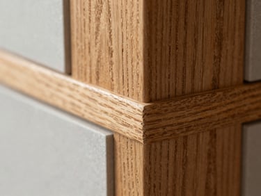 Macro photograph of a hand-sanded timber joint, rich textured oak wood grain, soft directional daylight, shallow depth of field, 35mm
