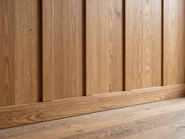 Bespoke floor-to-ceiling oak wall paneling, precise shadow gaps, warm natural light highlighting the wood grain, 35mm