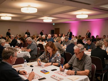 Wide shot of a buzzing bingo event room, crowd of adults seated at tables with cards and daubers, overhead stage lighting in warm tungsten and electric pink, energy high mid-round