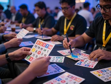 Tight action shot of hands holding colorful bingo cards at a packed event table, daubers poised mid-strike, electric blue and yellow event lighting, genuine crowd energy in background
