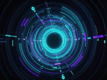 Abstract digital tunnel of glowing cyan and violet data streams representing secure VPN encryption, black background, landscape aspect