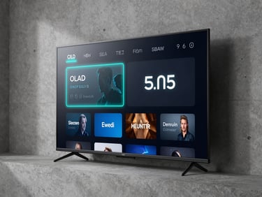 A high-end OLED television mounted on a minimalist concrete wall, displaying a polished dark streaming interface with glowing cyan highlights, cinematic ambient lighting.