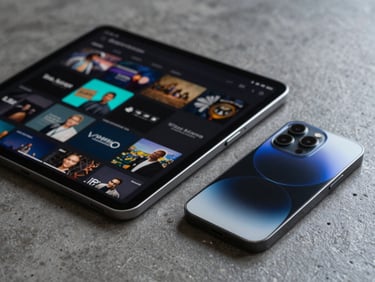 Close-up of a modern tablet and flagship smartphone side-by-side on a dark concrete table, showing a highly polished, dark-mode streaming media interface with neon-cyan accents