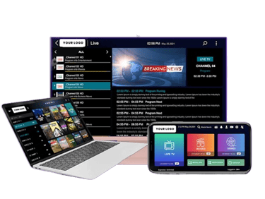IPTV application interface displayed on a laptop, smartphone, and smart TV screen.