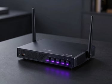 A high-end router glowing with subtle violet LED lights in a dark, minimalist room, soft focus, landscape aspect