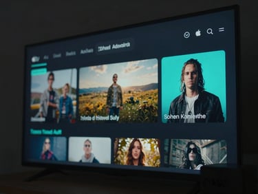 Cinematic close-up of an Apple TV interface running a media player, glowing neon-cyan accents, dark background, landscape aspect