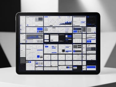 Straight-on studio shot of a high-fidelity digital template mockup on a sleek tablet, sharp 1px grid lines on screen, electric cobalt accents, high-contrast monochrome background, ultra-sharp focus, 50mm