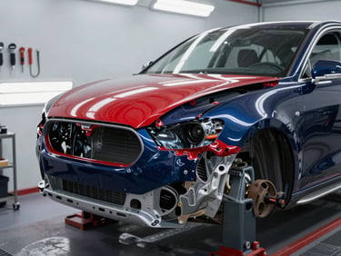 Clean modern workshop bay with a high-end vehicle undergoing collision bodywork under bright technical lighting, professional tools visible