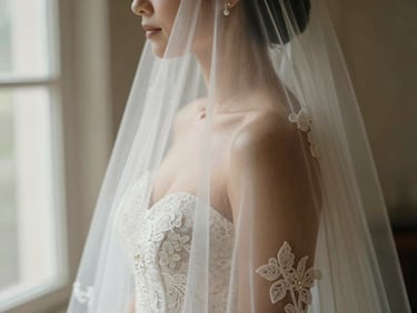 Close-up editorial crop of a bride's sheer veil catching soft natural window light, delicate lace details, warm-toned film grading.