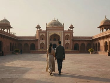 Cinematic wide 16:9 crop of a couple walking hand-in-hand through a grand heritage palace courtyard in Rajasthan, soft warm golden-hour light, diffused shadows, editorial framing.