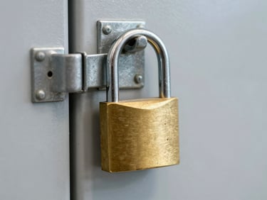 Tight close-up of a heavy-duty brass padlock secured on a clean, galvanized steel storage unit latch under bright, even facility lighting.