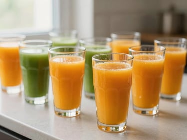 Vibrant orange and green cold-pressed juices in clear glasses on a light counter, natural side-light.