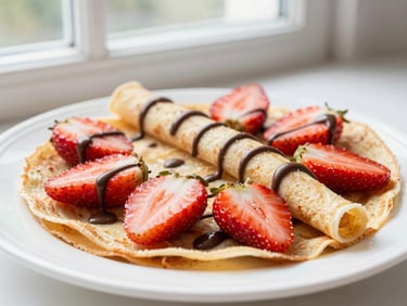 A freshly folded sweet crepe topped with sliced strawberries and a drizzle of chocolate, bright natural side-light.