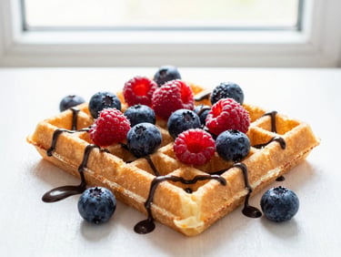 Overhead flat-lay of a golden waffle topped with fresh berries and chocolate drizzle, bright natural light.
