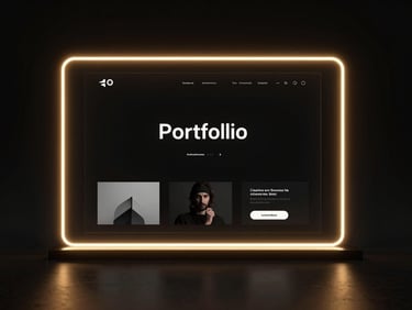 Dark 3d render of a minimalist portfolio website wireframe glowing on a glass display, neon amber rim lighting, deep obsidian background, macro lens.