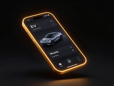 Dark 3d render of a sleek EV charging mobile app interface floating in an obsidian void, neon amber rim lighting, cyber-luxury mood, macro lens.