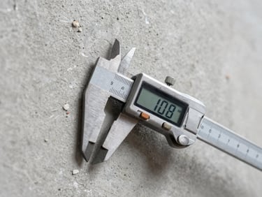 Close-up of a digital caliper measuring incorrect thickness of foundation hydroisolation membrane on a concrete wall.