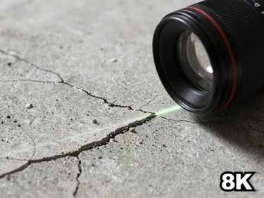 Macro shot of concrete cracking under a laser level line, high contrast, technical documentation style.
