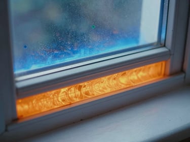 Thermal imaging screen showing massive heat loss through a poorly insulated window lintel, blue and orange temperature scale.