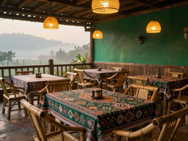 Cozy rustic restaurant interior in Cao Bang with bamboo furniture, warm yellow lighting, traditional brocade table runners