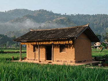 Rustic homestay in Phuc Sen incense and blacksmith village, traditional clay-walled house, corn hanging from rafters, soft natural daylight, authentic cultural lifestyle.