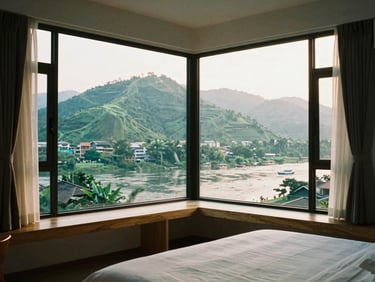 Boutique hotel room in Cao Bang city with large windows overlooking the river and green hills, minimalist wooden furniture, soft morning light.