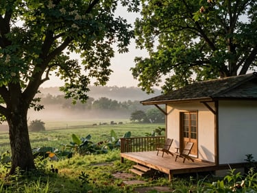 A rustic homestay surrounded by chestnut trees, wooden terrace with simple chairs overlooking misty green valleys, golden hour light