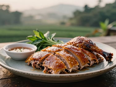 Close-up of Vietnamese roasted duck with glossy golden-brown skin, sliced on a rustic ceramic plate, herbs and local dipping sauce nearby, warm atmospheric lighting.