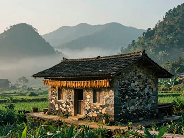 An authentic stone house in Khuoi Ky village, Cao Bang, with corn hanging from the wooden eaves, soft mountain mist in the background