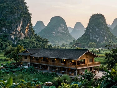 Traditional stilt house restaurant serving local food, surrounded by green mountains and limestone karsts, outdoor dining area
