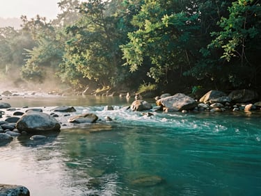 Pristine turquoise water of Lenin stream flowing gently over smooth stones, green forest reflection, soft morning mist.