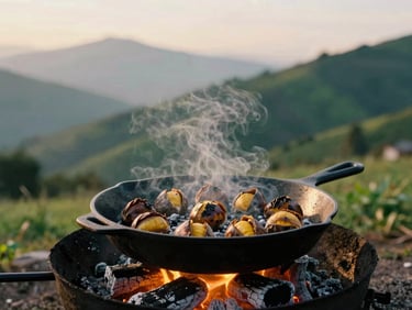 Roasted chestnuts cracking open on a hot cast iron skillet over charcoal embers, steam rising, warm golden glow, rustic mountain kitchen setting.