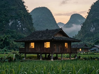 Cozy traditional Tay ethnic stilt house homestay made of dark wood, nestled at the foot of green limestone mountains, soft warm window light at dusk, authentic rural Vietnam.